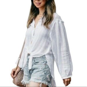 Free People blue stripped button down long sleeve blouse women’s Size XSmall